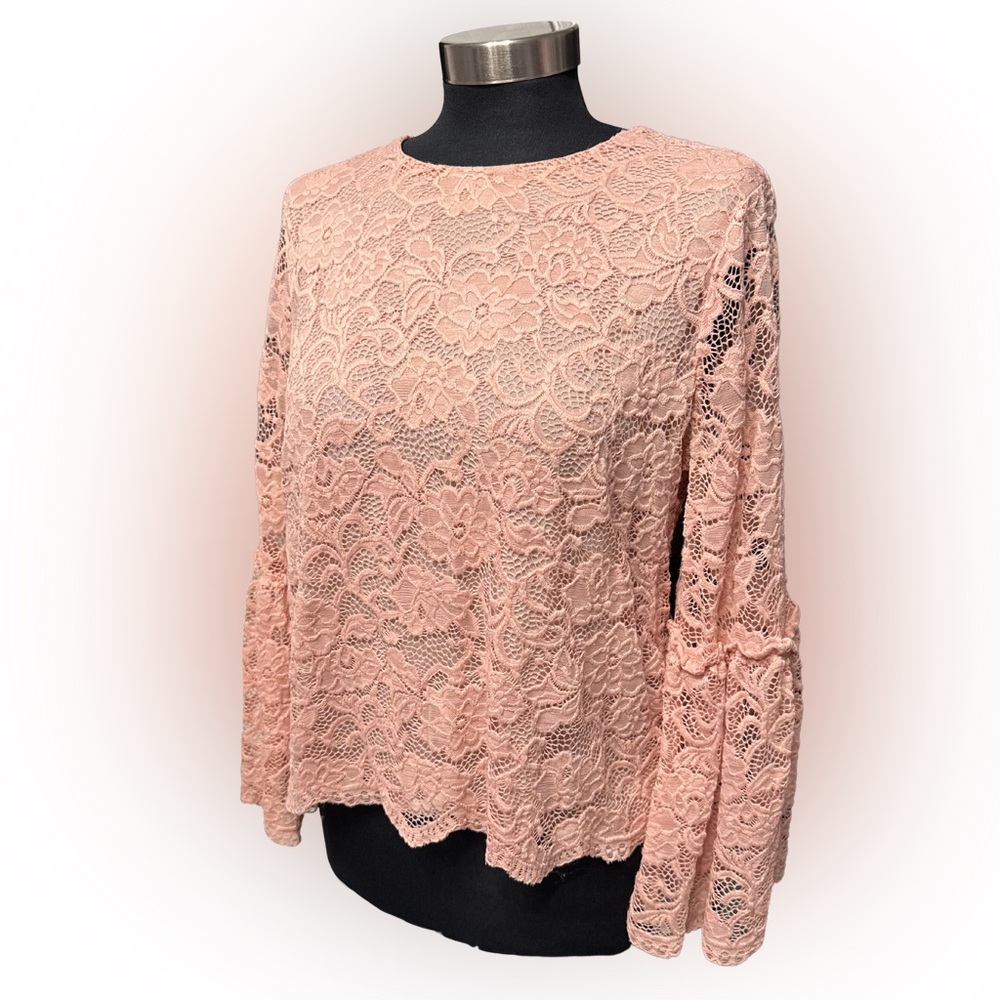 Worthington Blush Pink Lace Bell Sleeve Blouse Medium Romantic Boho Top